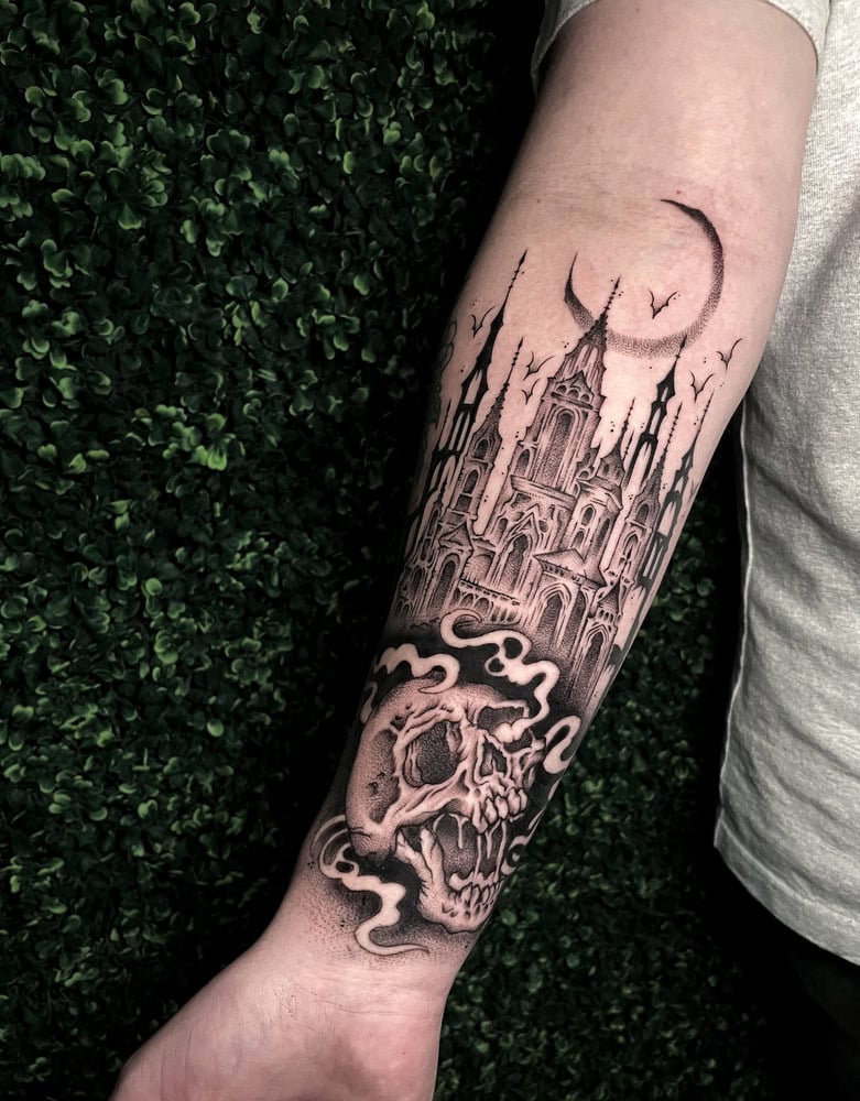 Fine line castle tattoo omaha 