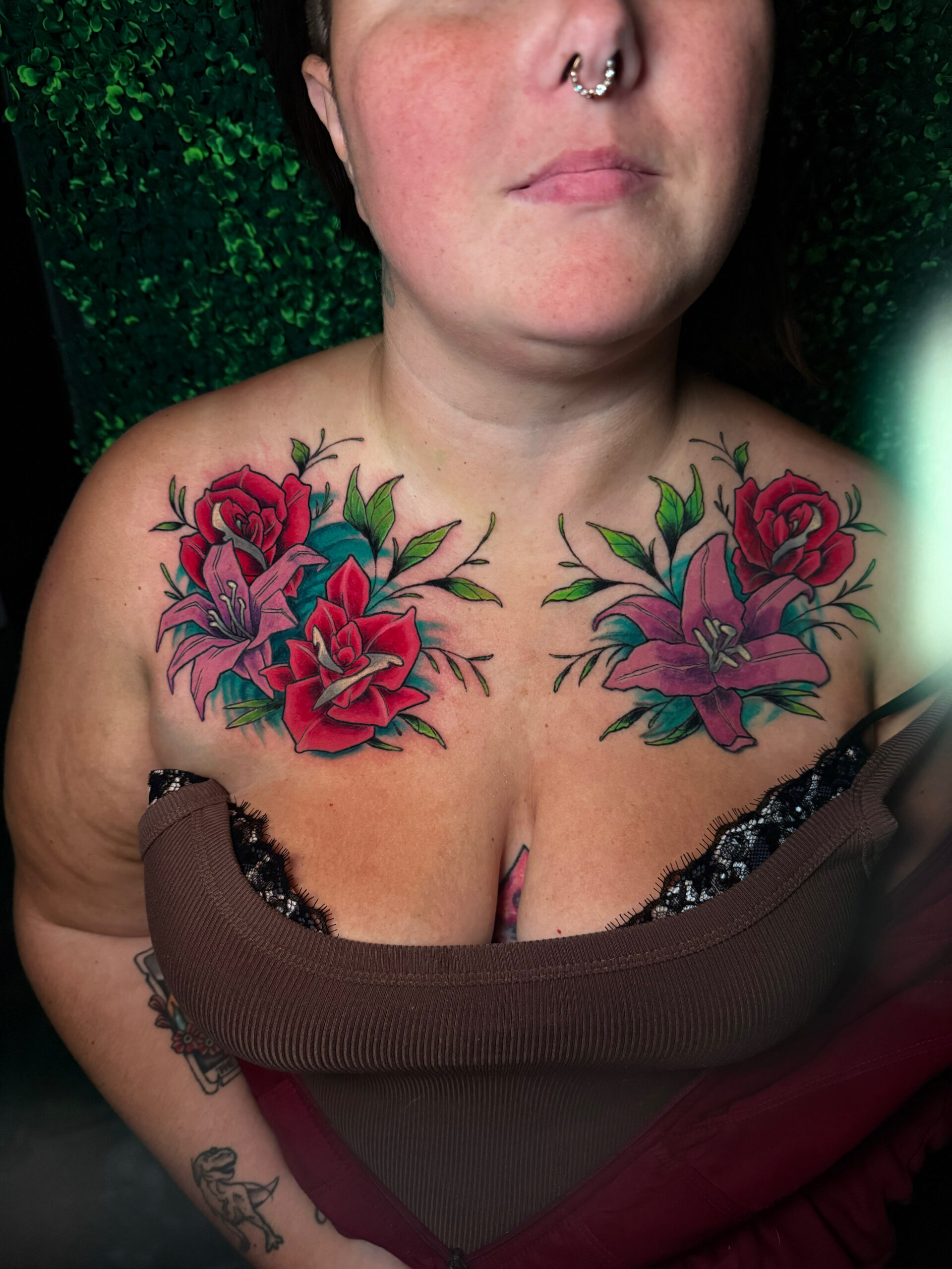 illustrative color roses lilies chest piece tattoo Omaha 